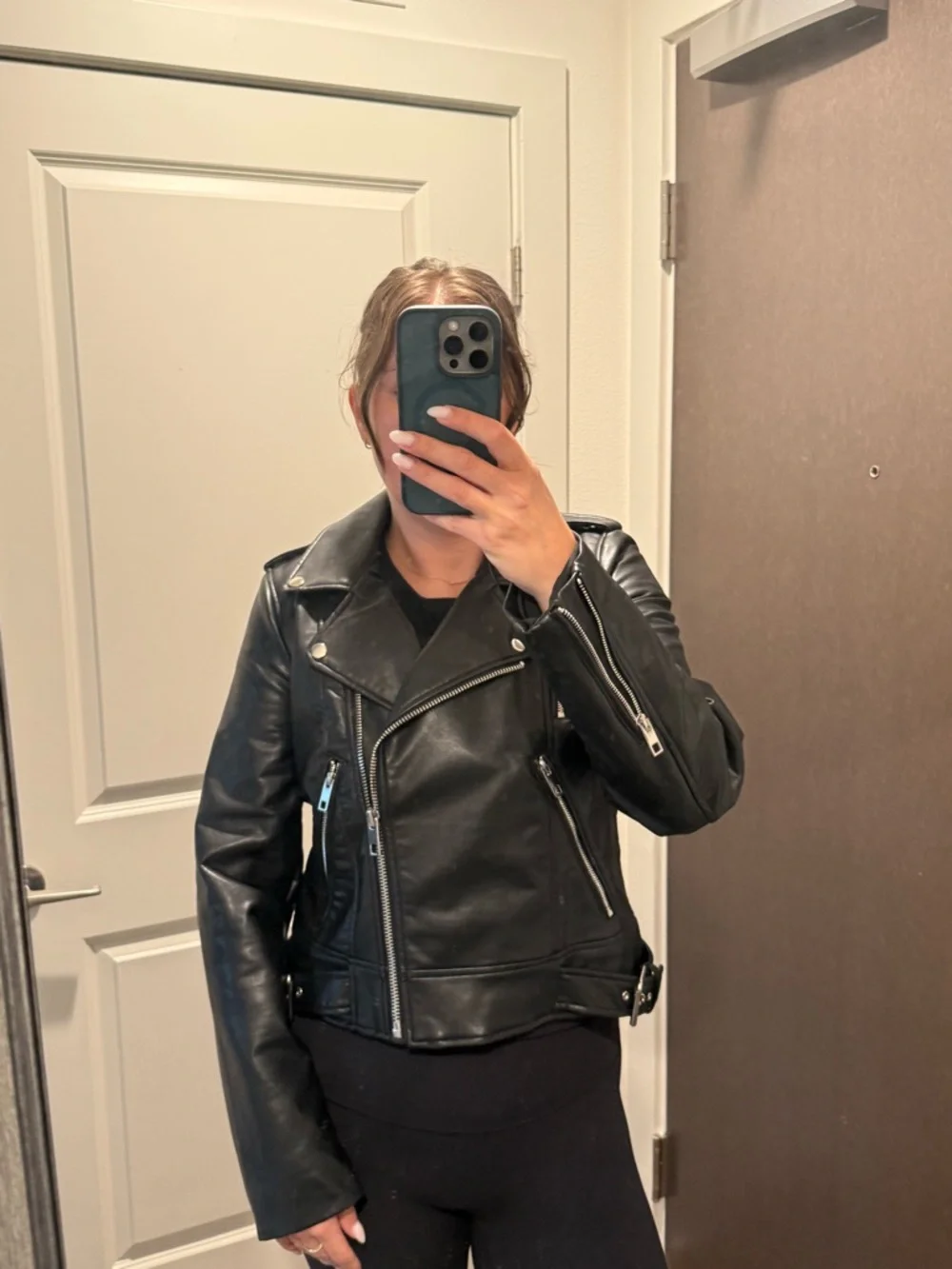 Zara Black Faux Leather Biker Jacket with Silver Hardware - Picture 7 of 7